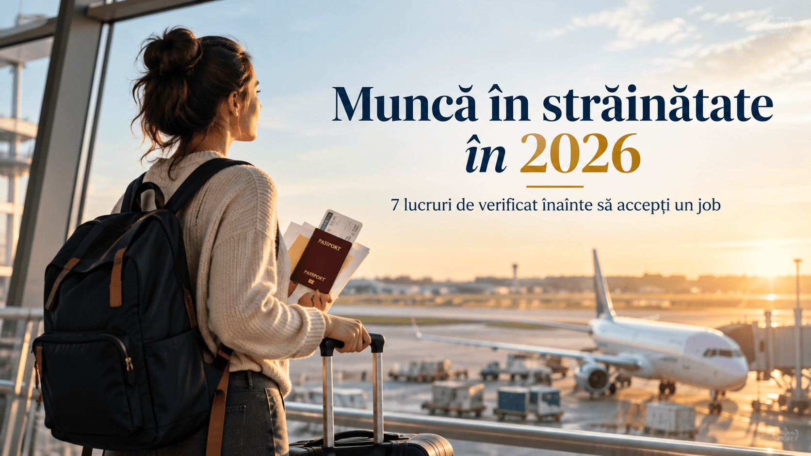 Muncă în străinătate în 2026: 7 lucruri de verificat înainte să accepți un job — o călătoare în aeroport